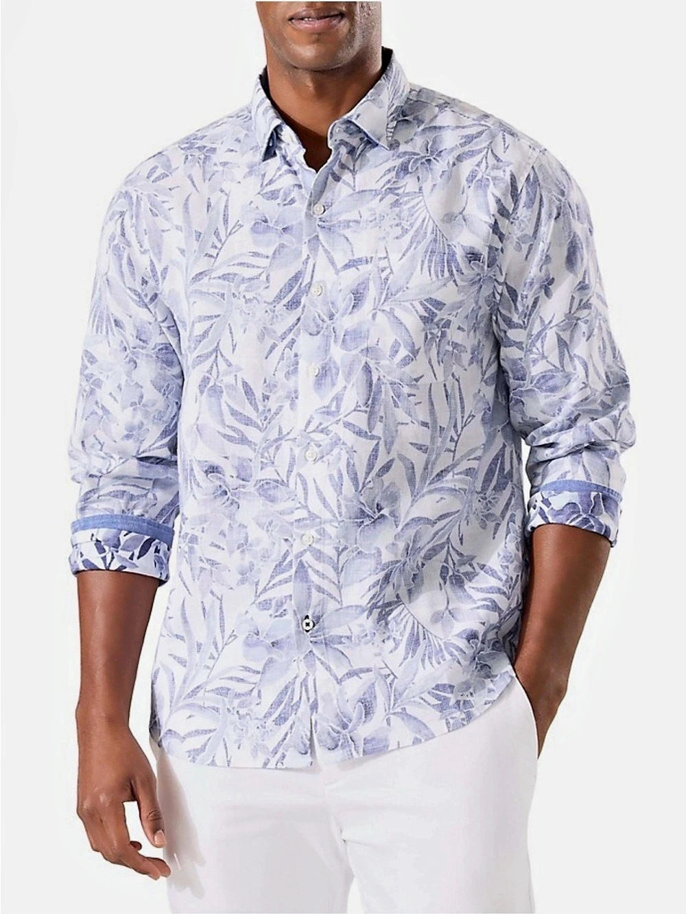 Tommy Bahama Men's Floral Linen Blend Button Down in Blue & White Like 